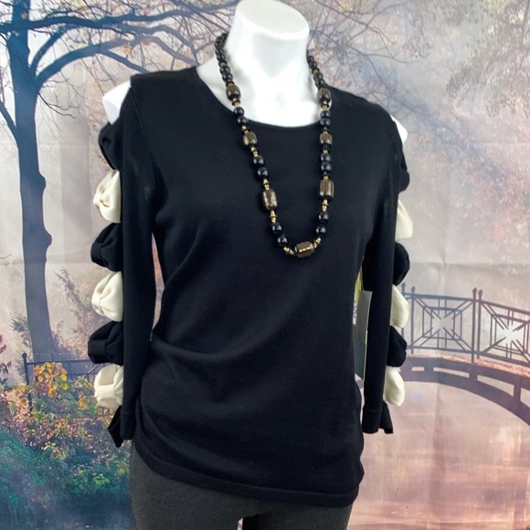 CeCe Black Cold Shoulder Bow Sleeve Sweater - Picture 2 of 10